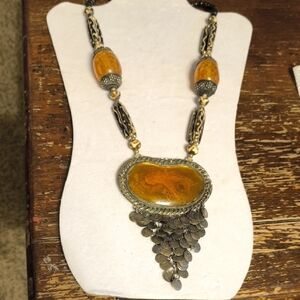 Vintage Amber , Metal Wood Statement Necklace